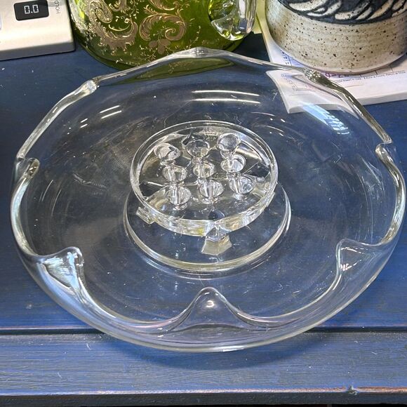 Vintage Glass Flower Frog Bowl, Clear Glass Flower Arranging Dish Wavy Rim Decor - Picture 1 of 6
